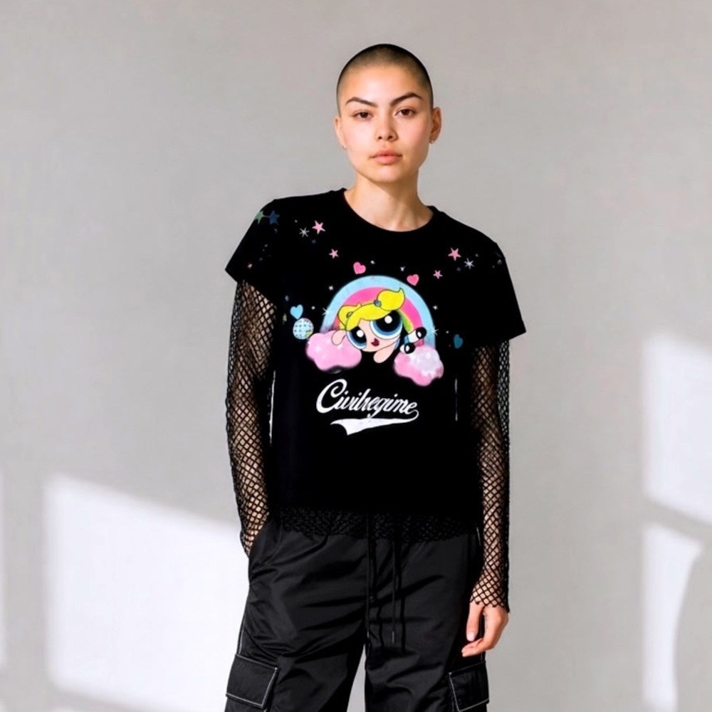 Civil Regime Powerpuff Girls Bubbles Cry Baby Hellveil Mesh Twofer Top Small NEW